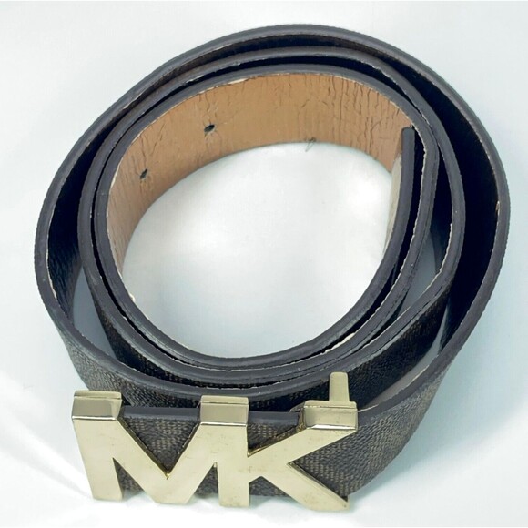 Michael Kors Gold MK Buckle Dark Brown Monogram Letters Belt 42\